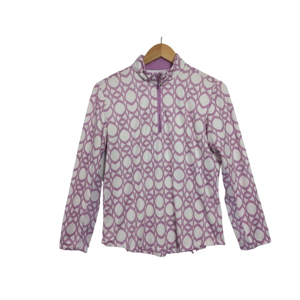 SanSoleil 1/4 Zip Top Womens M Purple White Long Sleeve Mock Neck Golf Sun Shirt